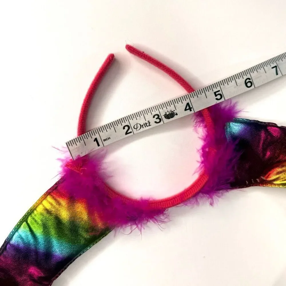 Rainbow Metallic Horn Headband with Pink Feather Trim – Festival Pride Costume A